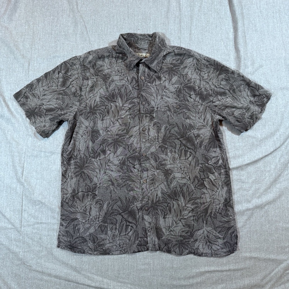Batik Bay Shirt Mens‎ Medium Gray Hawaiian Button Up Rayon Palm Print Tropical